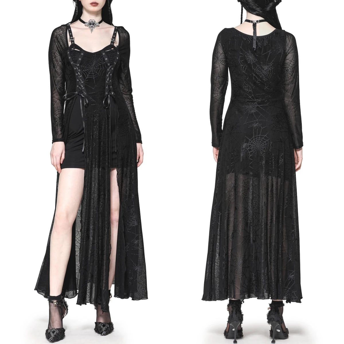 Vestido Gótico Largo Telaraña con Hebillas y Corsé - Crazyinlove