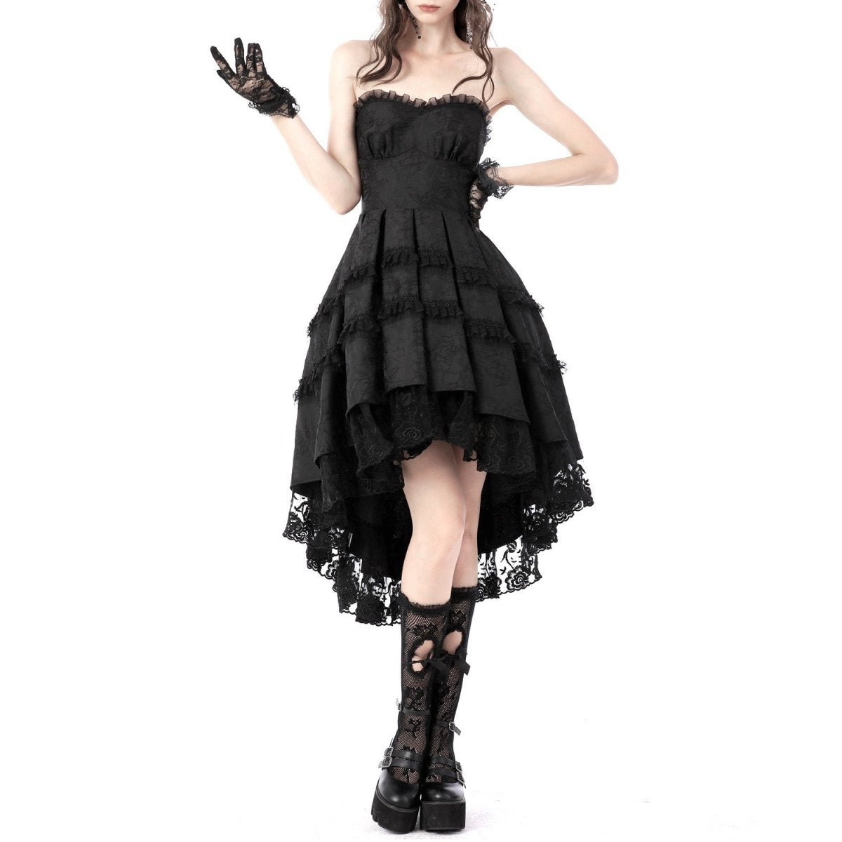 Vestido Gótico Negro de Encaje y Brocado con Lazo - Crazyinlove