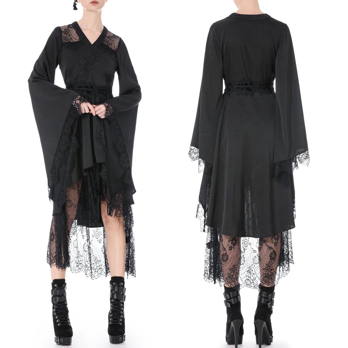 Vestido Kimono Asimétrico con Encaje y Flecos - Crazyinlove