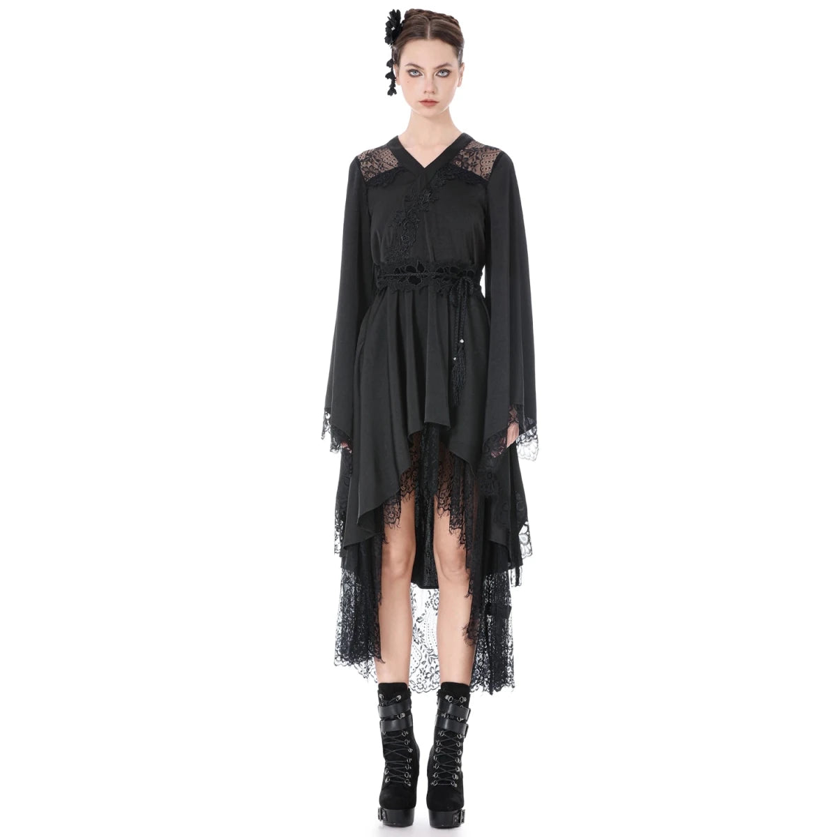 Vestido Kimono Asimétrico con Encaje y Flecos - Crazyinlove