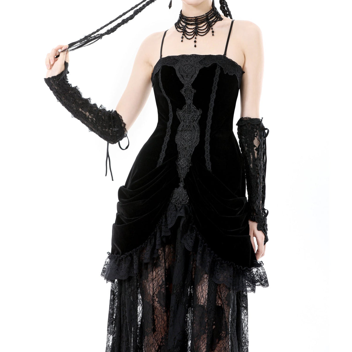 Vestido Largo Gótico Negro Terciopelo y Encaje - Crazyinlove