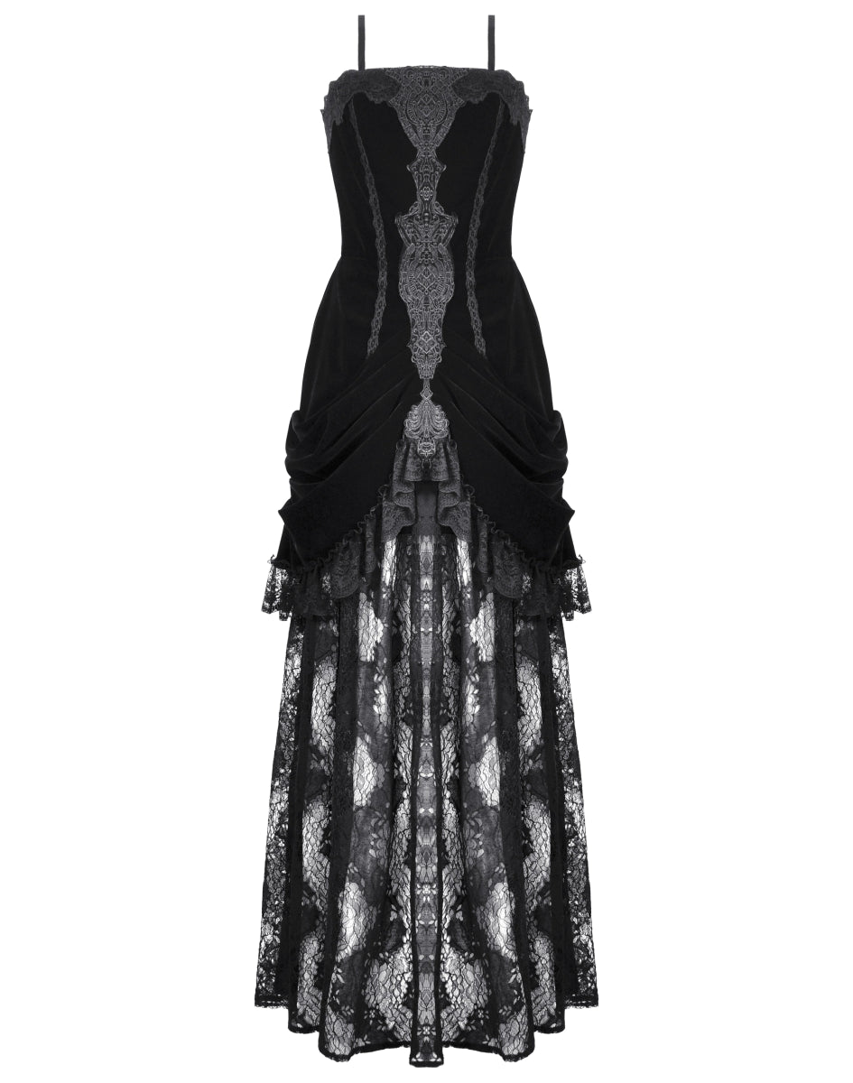 Vestido Largo Gótico Negro Terciopelo y Encaje - Crazyinlove