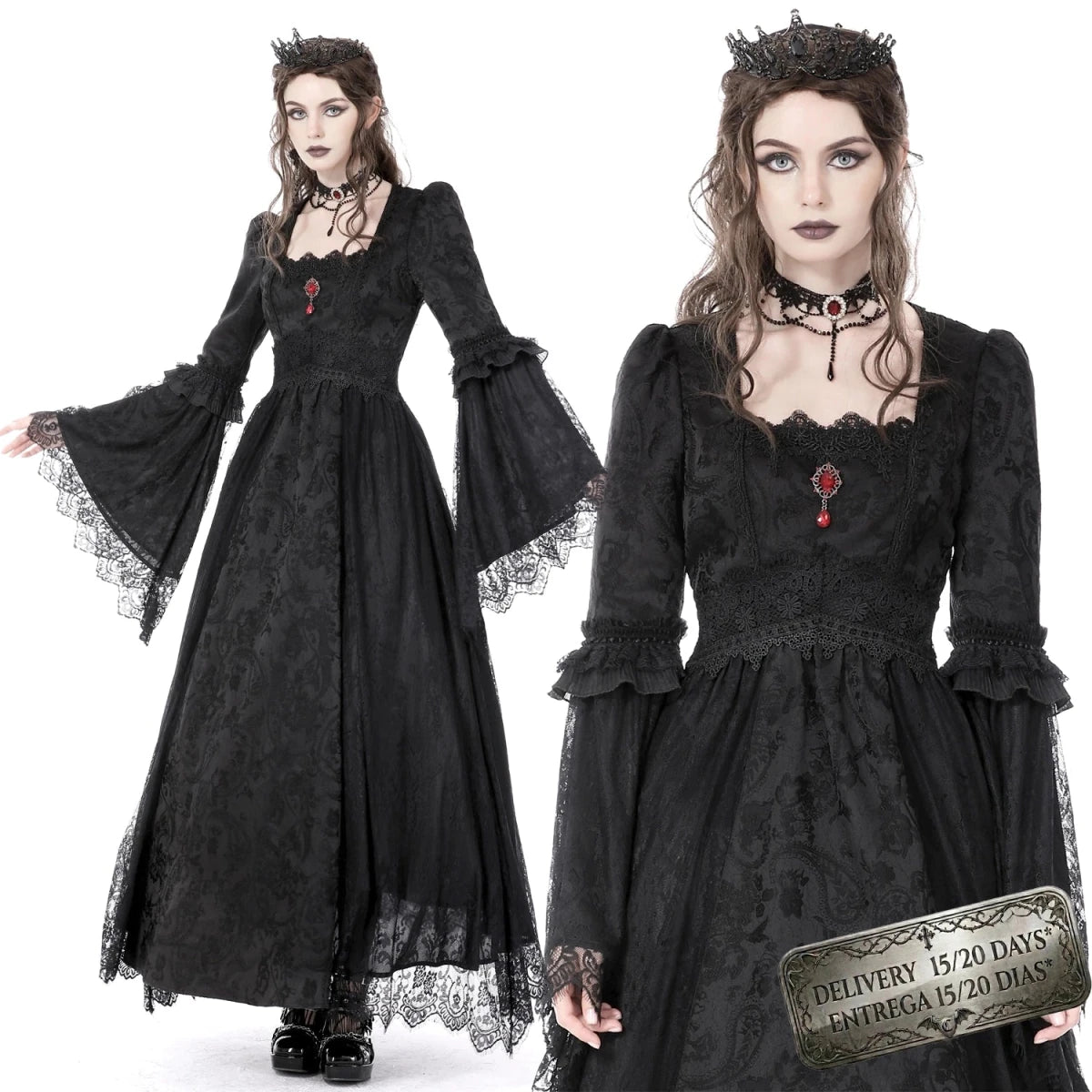 Vestido Medieval Largo de Brocado y Gema Roja - Crazyinlove
