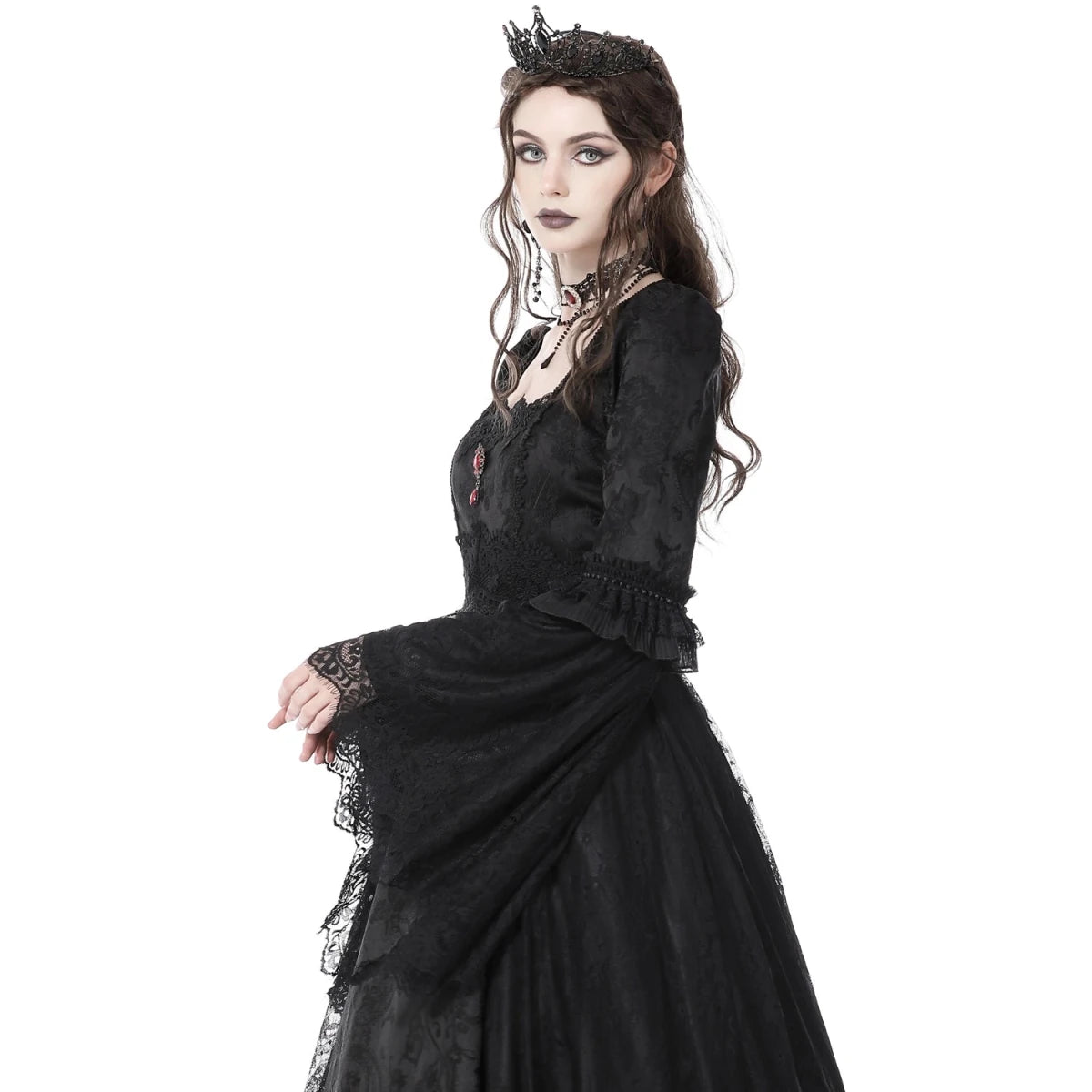 Vestido Medieval Largo de Brocado y Gema Roja - Crazyinlove