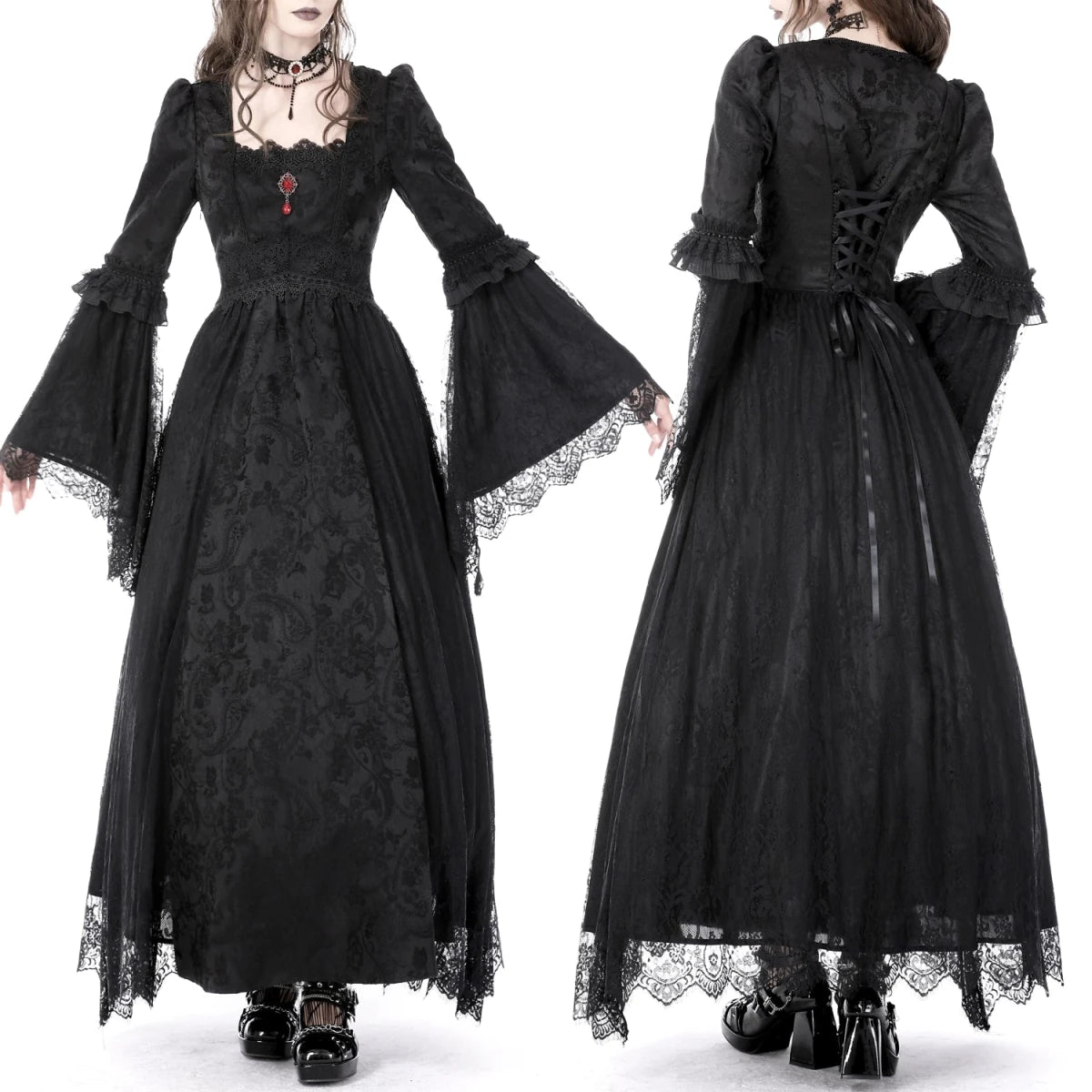 Vestido Medieval Largo de Brocado y Gema Roja - Crazyinlove
