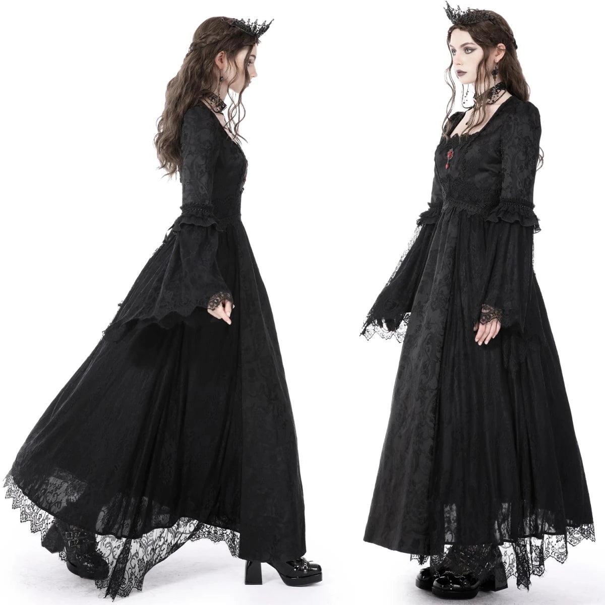 Vestido Medieval Largo de Brocado y Gema Roja - Crazyinlove