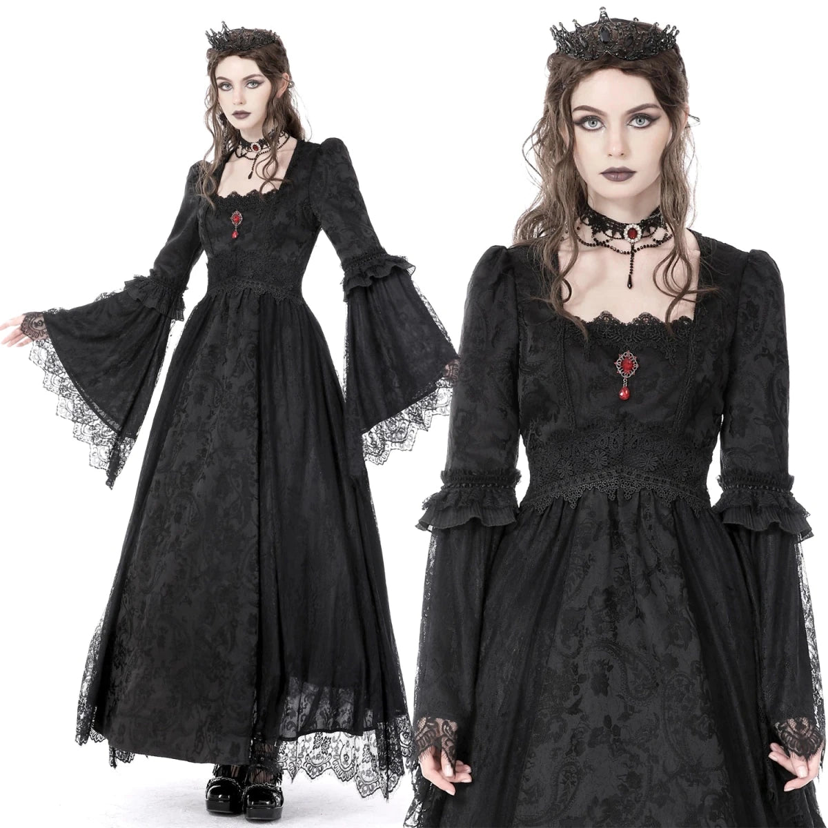 Vestido Medieval Largo de Brocado y Gema Roja - Crazyinlove