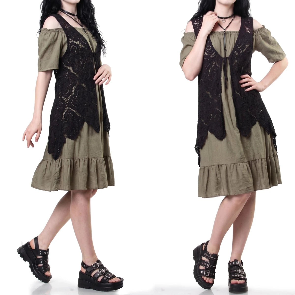 Vestido Midi Verde Khaki Volante - Crazyinlove