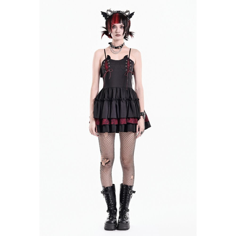 Vestido Mini Gothic Lolita Negro con Cordones Burdeos y Cuernos, foto 11