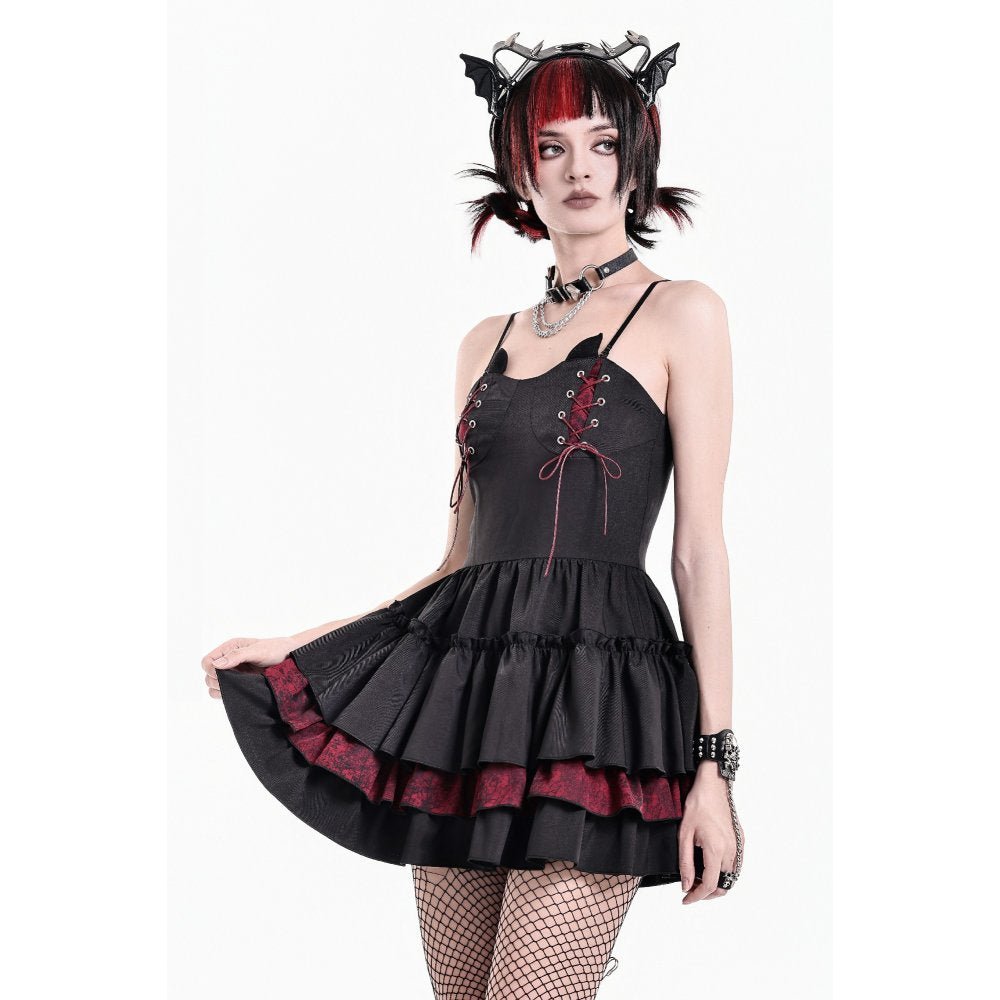 Vestido Mini Gothic Lolita Negro con Cordones Burdeos y Cuernos, foto 5