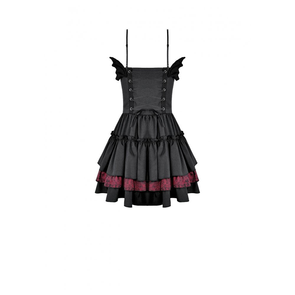 Vestido Mini Gothic Lolita Negro con Cordones Burdeos y Cuernos, vista trasera con alas de murciélago