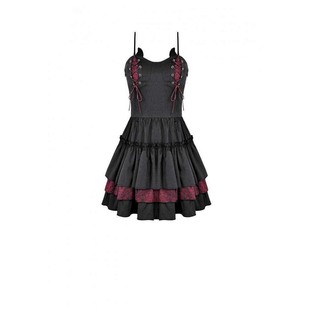 Vestido Mini Gothic Lolita Negro con Cordones Burdeos y Cuernos, vista frontal