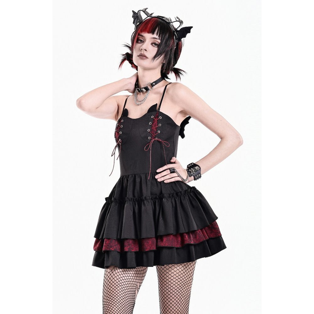 Vestido Mini Gothic Lolita Negro con Cordones Burdeos y Cuernos, foto 6