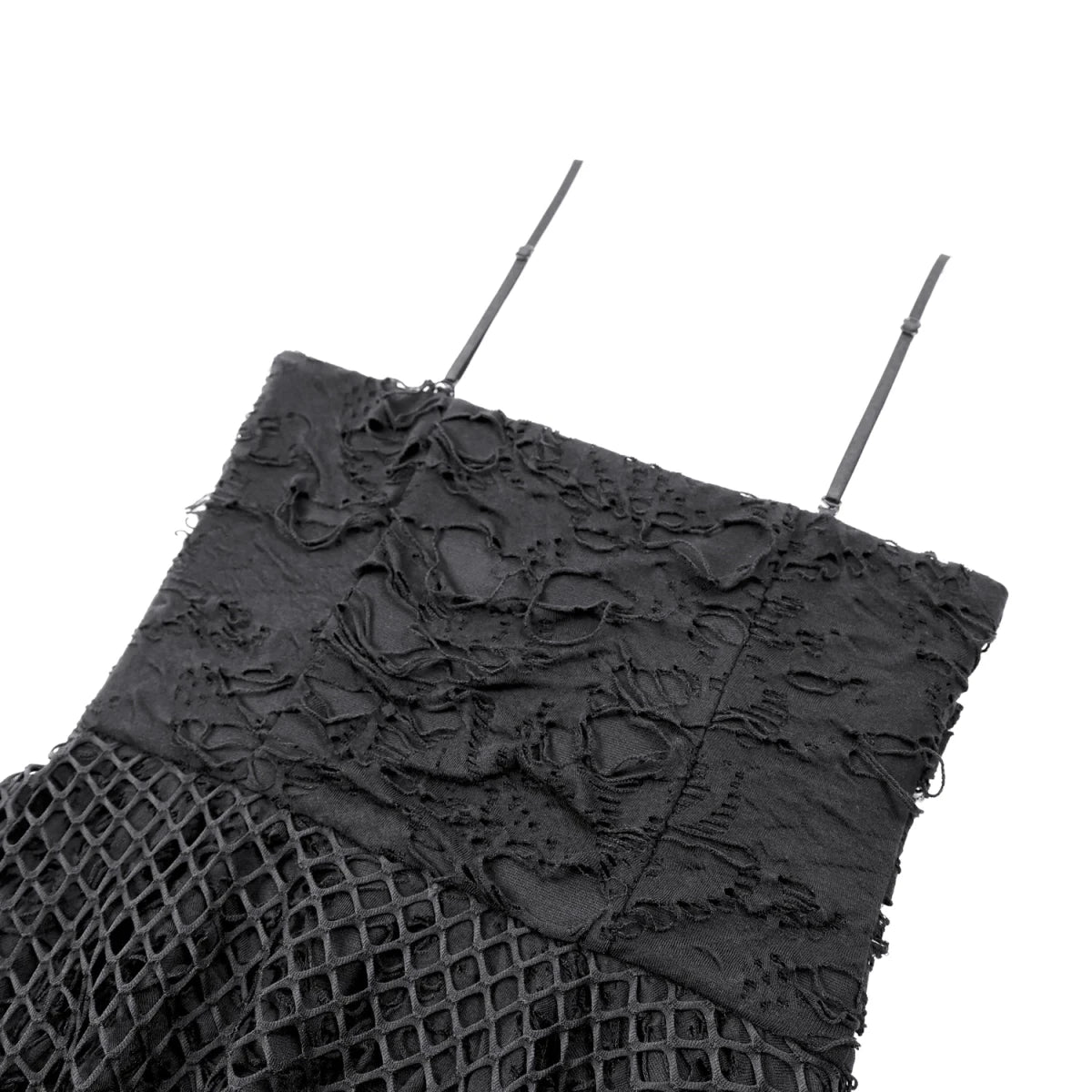 Vestido Mini Punk Negro con Efecto Rasgado, Rejilla y Cadenas - Crazyinlove
