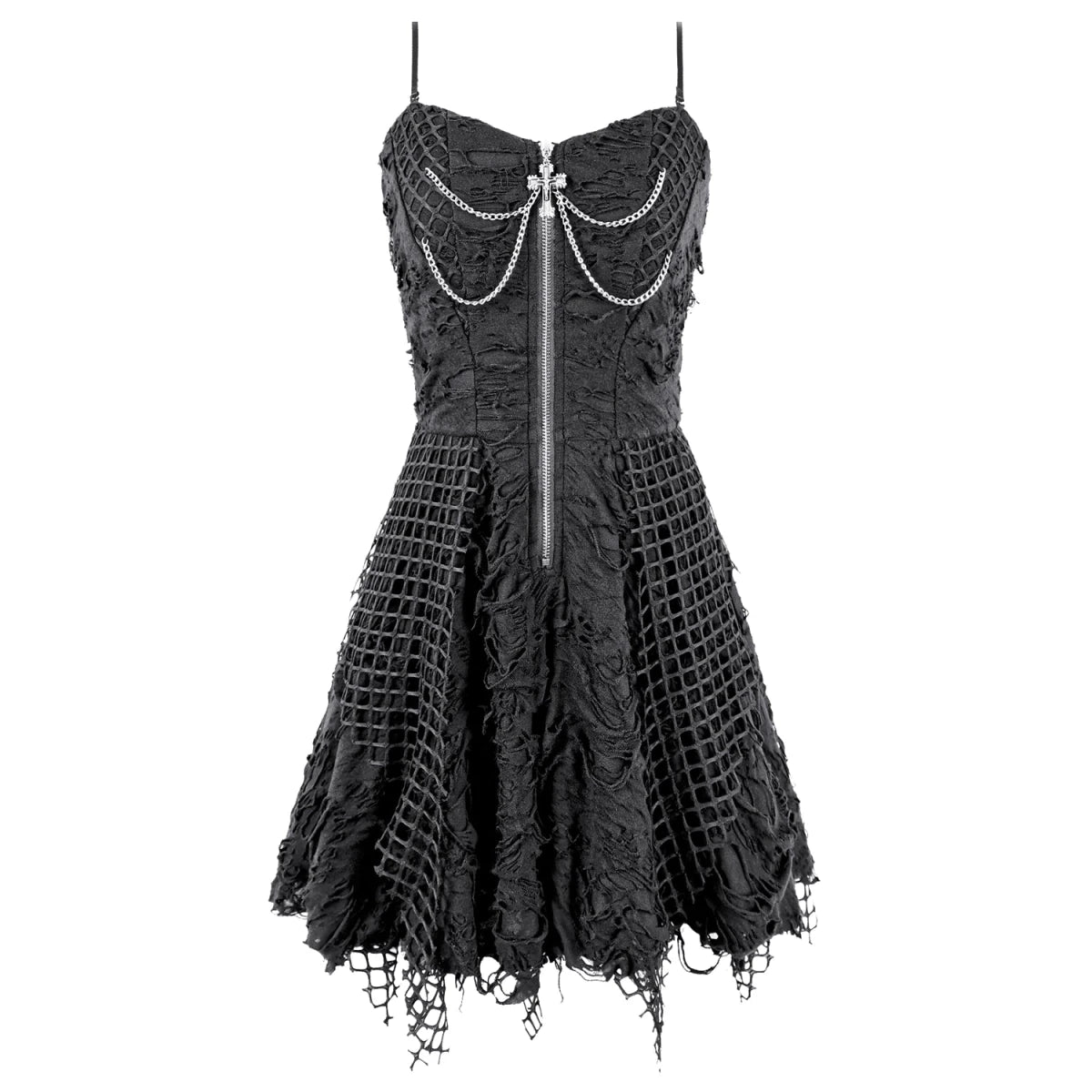 Vestido Mini Punk Negro con Efecto Rasgado, Rejilla y Cadenas - Crazyinlove