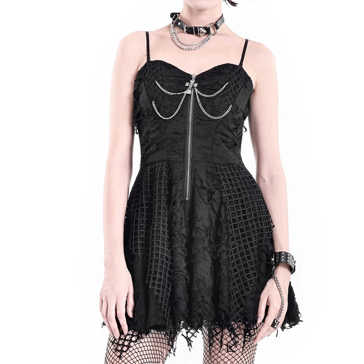 Vestido Mini Punk Negro con Efecto Rasgado, Rejilla y Cadenas - Crazyinlove