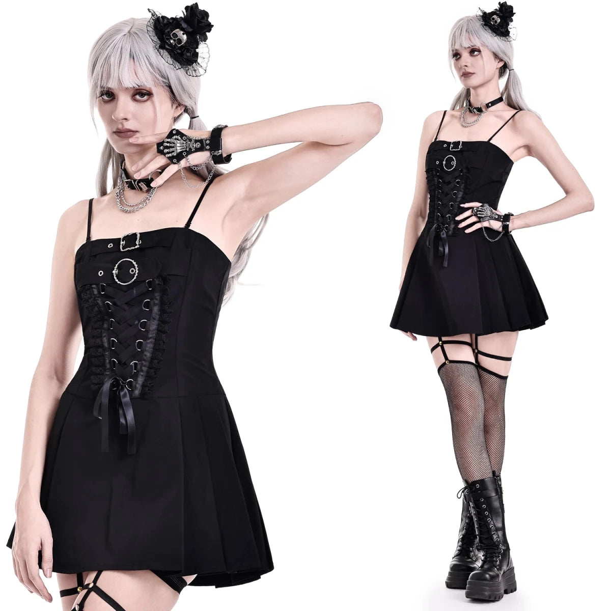 Vestido Negro Mini Punk con Panel de Cordones Estilo Corsé - Crazyinlove