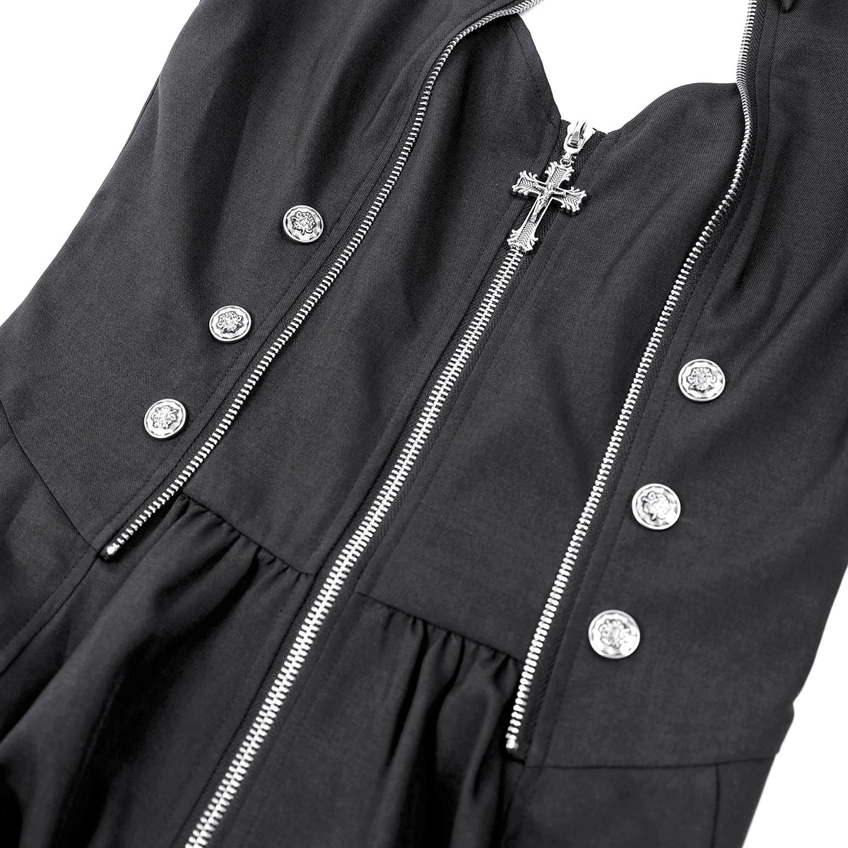 Vestido Punk Halter con Cola y Cremallera DW1208: detalle de los botones plateados y las cremalleras