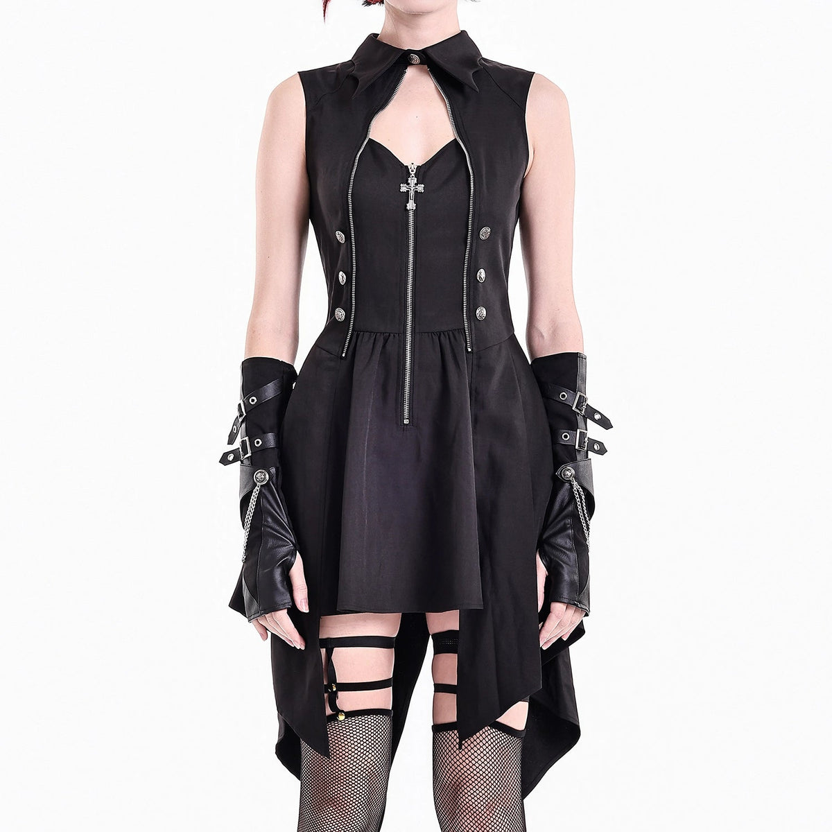 Vestido Punk Halter con Cola y Cremallera DW1208 de frente en modelo con ligas y medias de rejilla