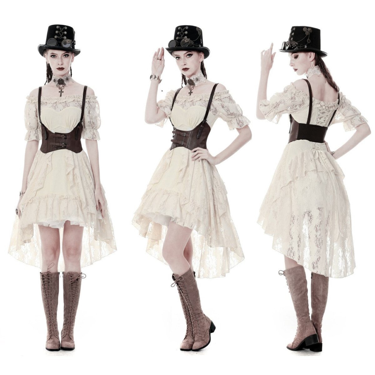 Vestido steampunk combinado con corsé marrón en tres poses