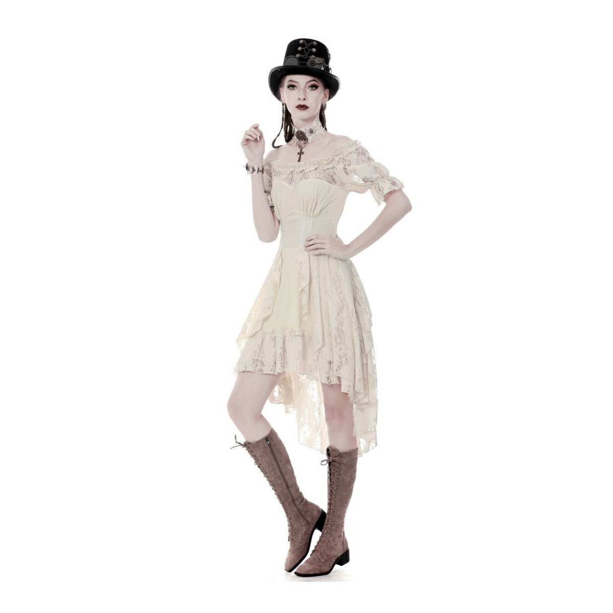 Vestido steampunk beige de encaje con hombros descubiertos, vista frontal