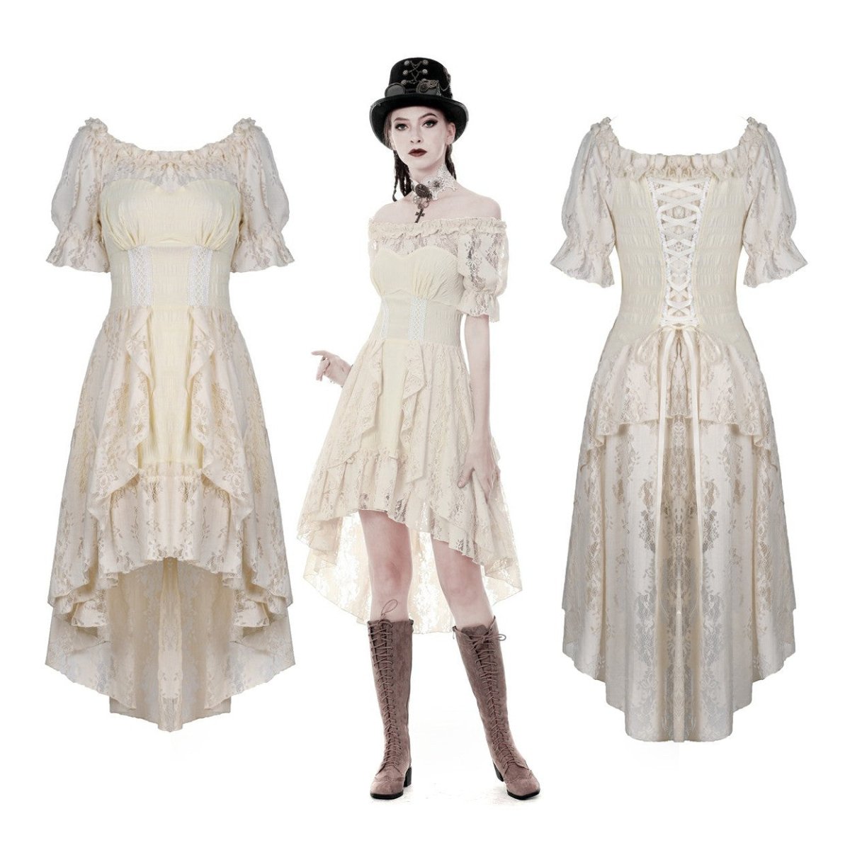Vestido beige sin modelo por delante y por detrás con lazada en la espalda