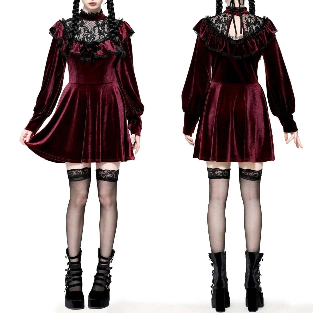 Vestido Terciopelo Burdeos con Capelina Encaje - Crazyinlove
