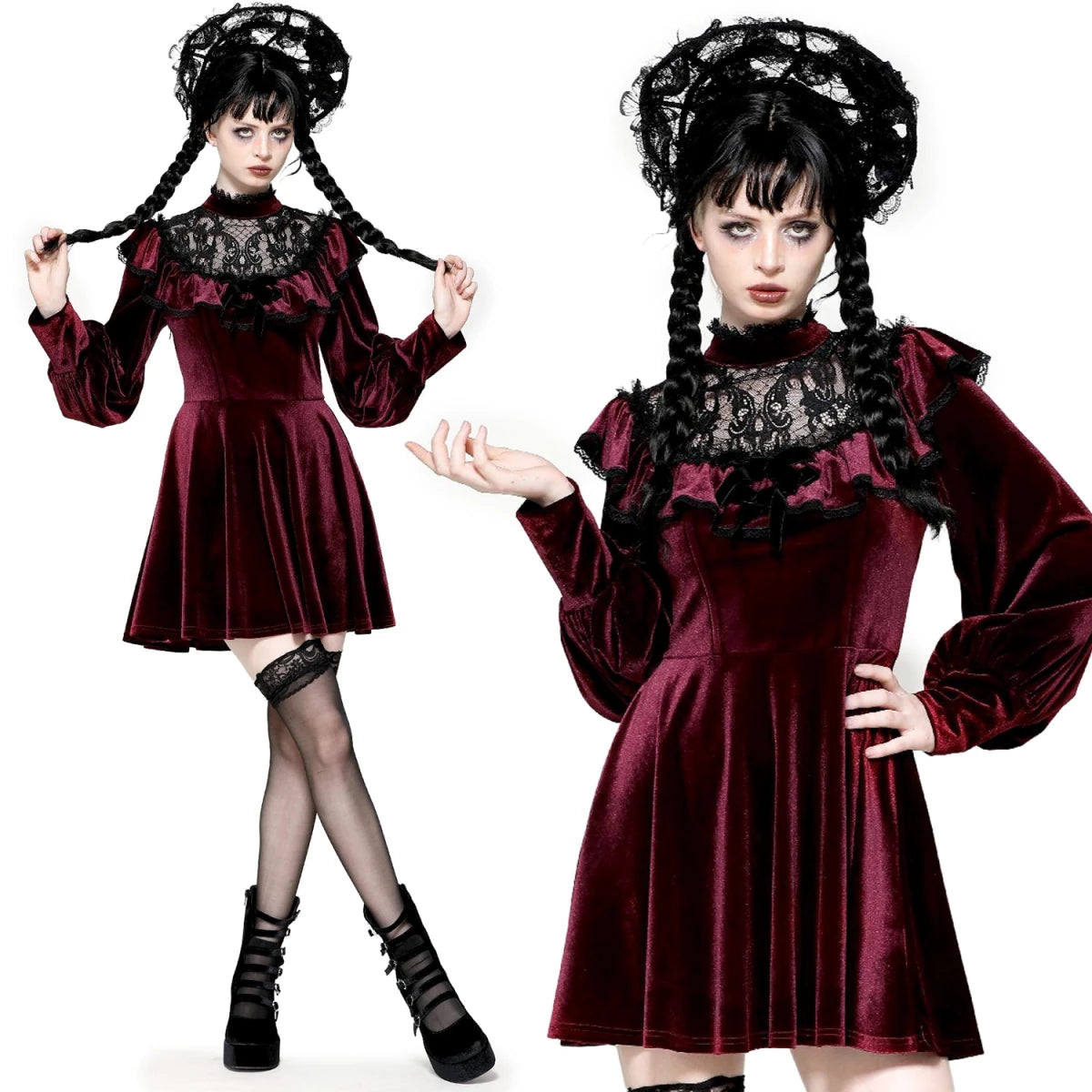 Vestido Terciopelo Burdeos con Capelina Encaje - Crazyinlove