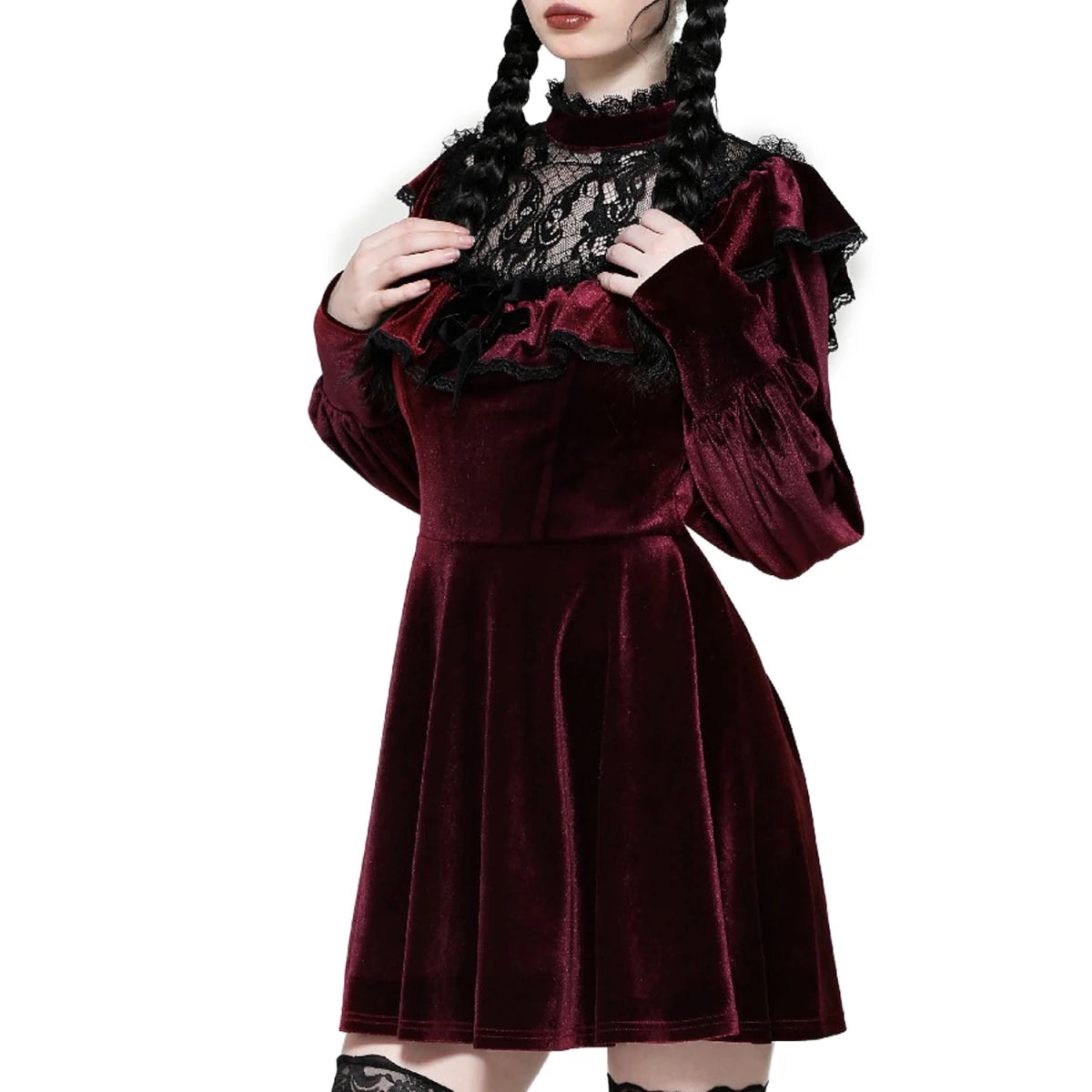 Vestido Terciopelo Burdeos con Capelina Encaje - Crazyinlove