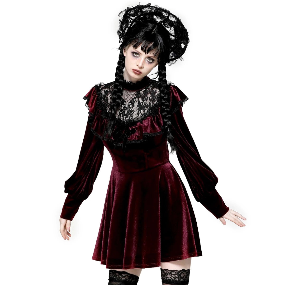 Vestido Terciopelo Burdeos con Capelina Encaje - Crazyinlove
