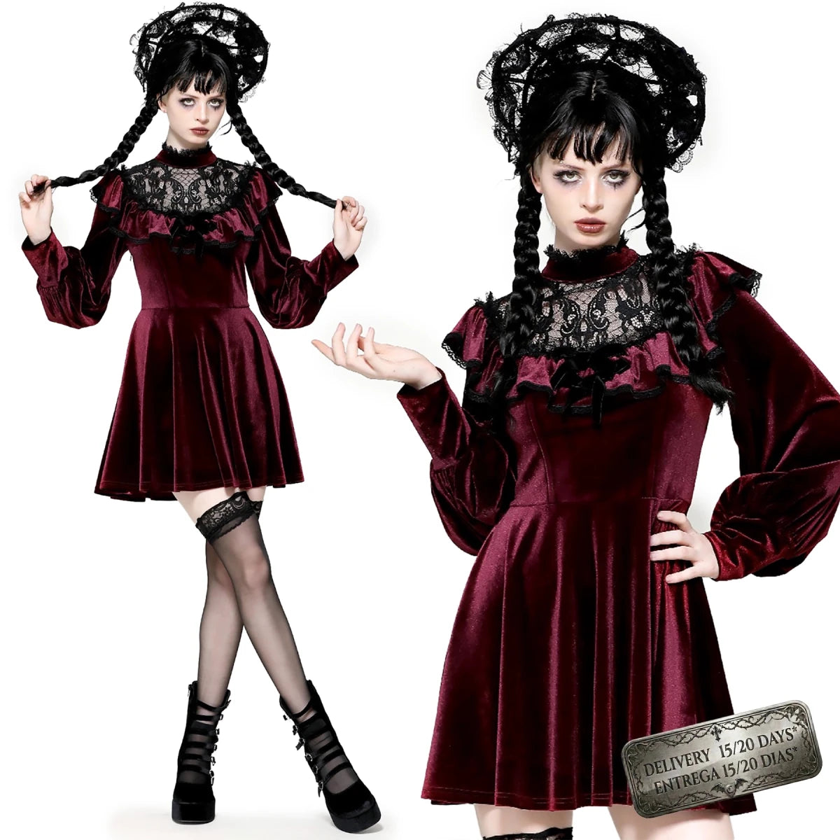 Vestido Terciopelo Burdeos con Capelina Encaje - Crazyinlove