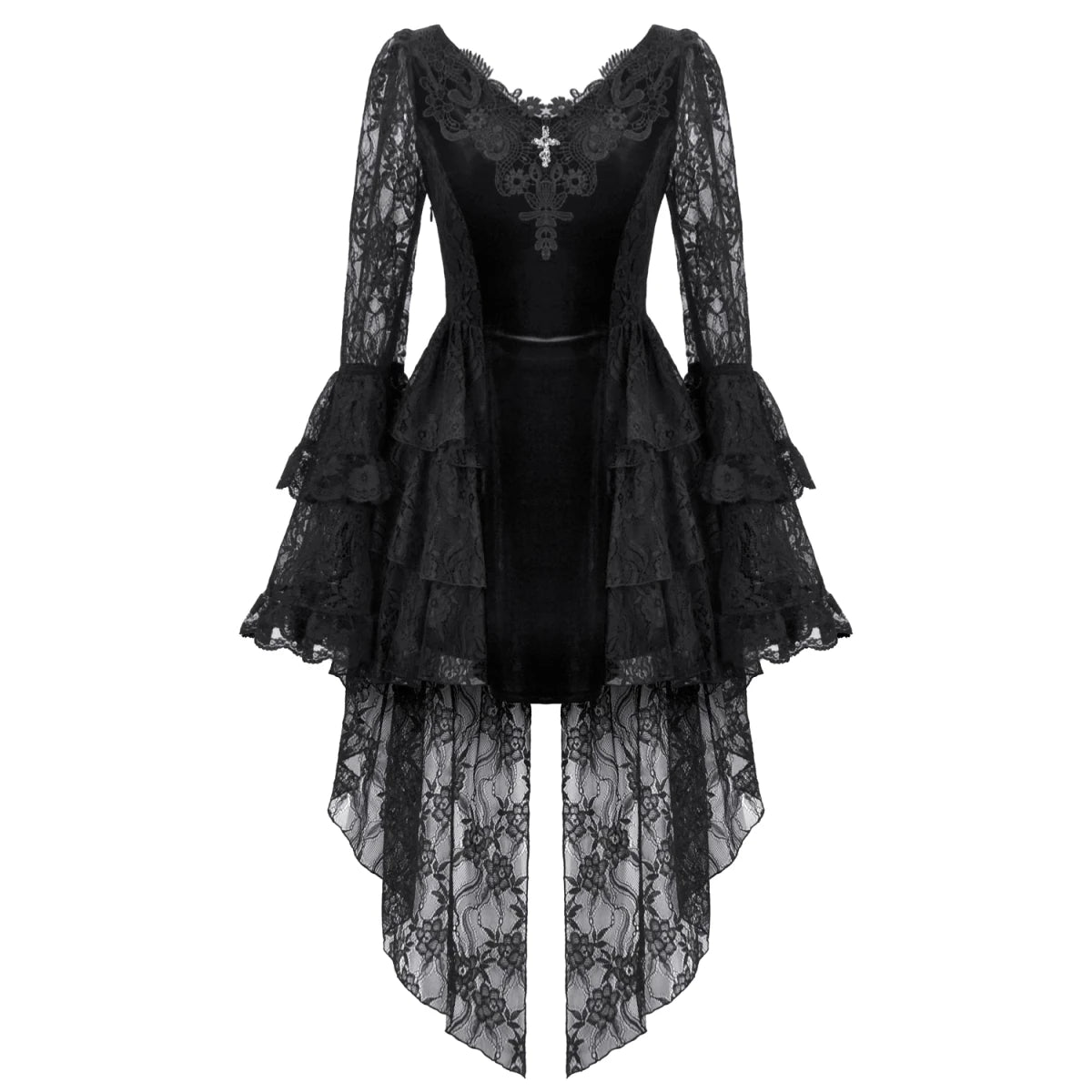 Vestido Terciopelo y Encaje con Mangas Pagoda - Crazyinlove