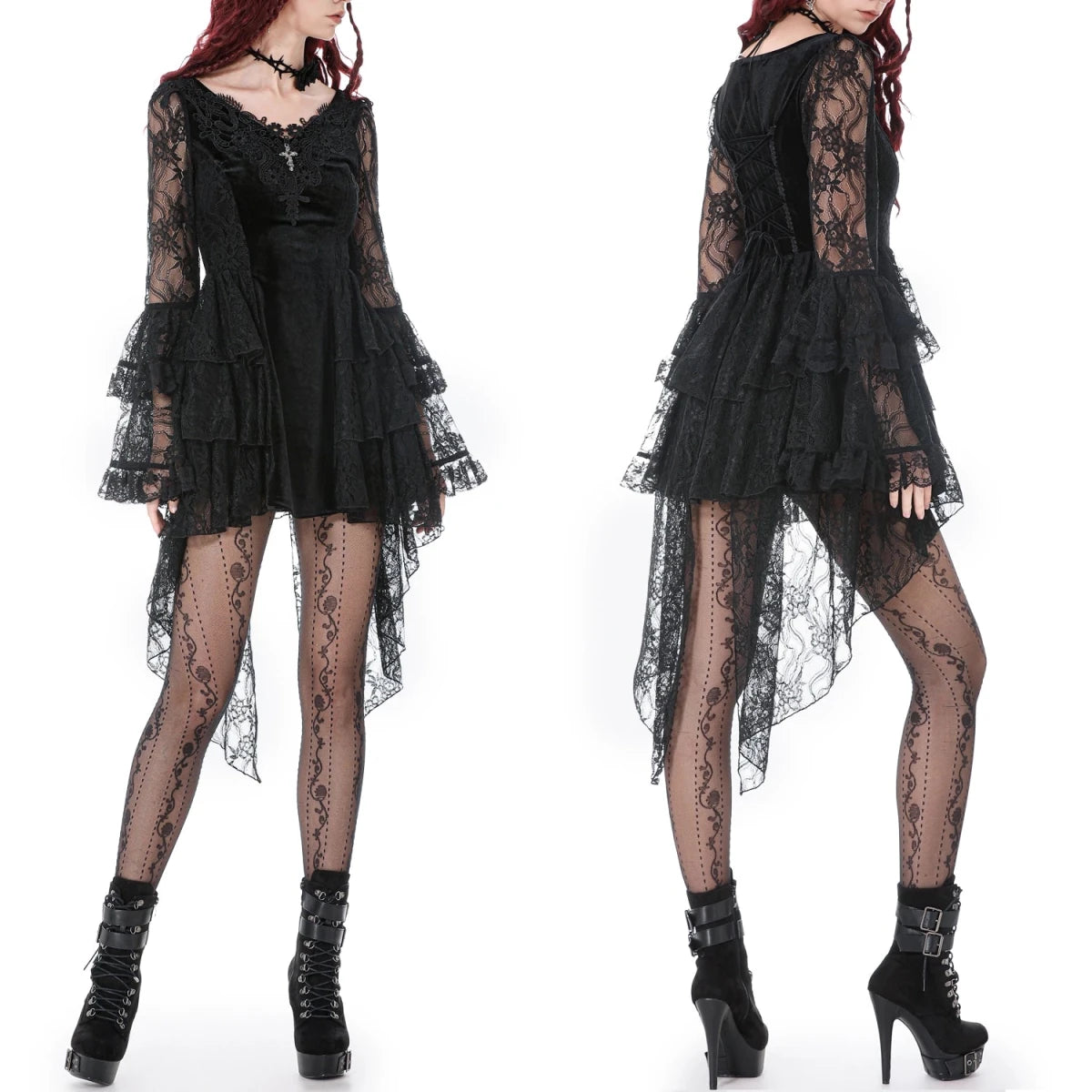 Vestido Terciopelo y Encaje con Mangas Pagoda - Crazyinlove