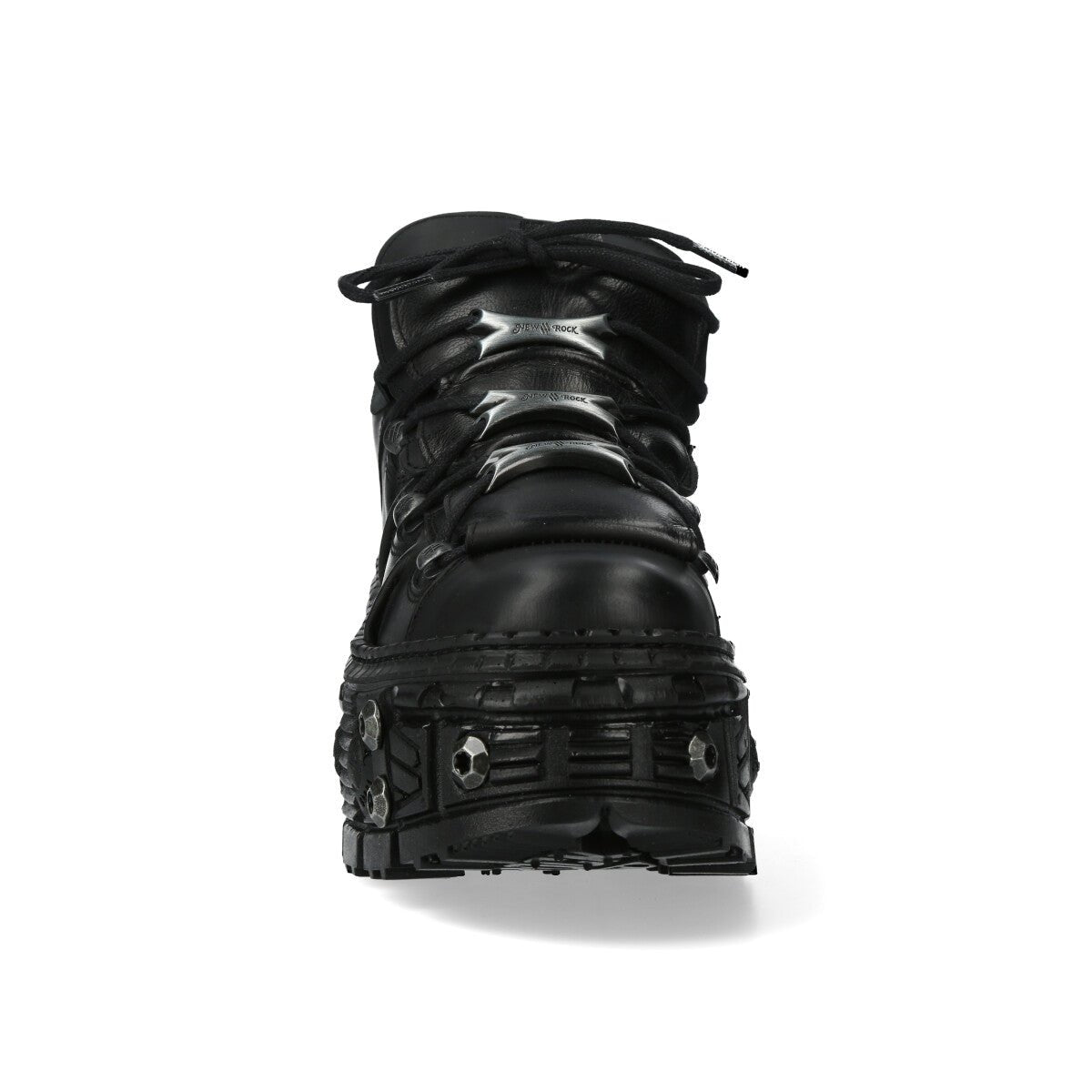 Vista frontal del zapato New Rock M-WALL106-S25 con pasadores plateados en forma de garra