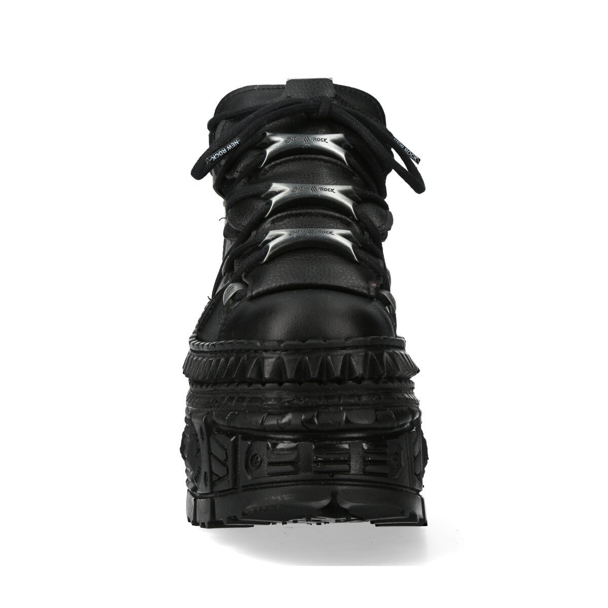 Vista frontal del zapato New Rock M-WALL106-V16 con pasadores plateados en forma de garra